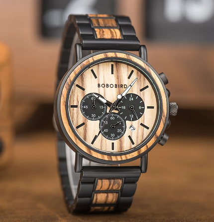 Montre Bobo Bird pour hommes métal noir et bois incrusté